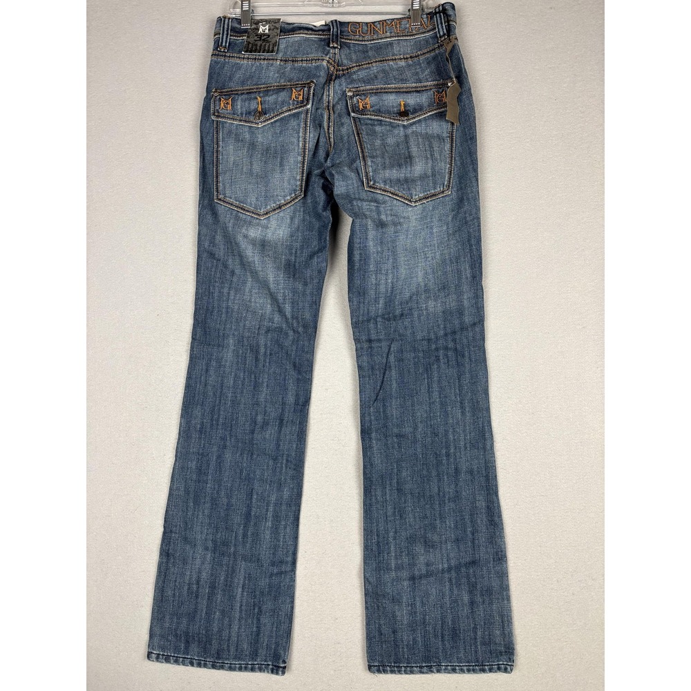 Gunmetal B2 Jeans Mens 32x31 Blue Bootcut Gray Coated Denim Embroidered Pockets